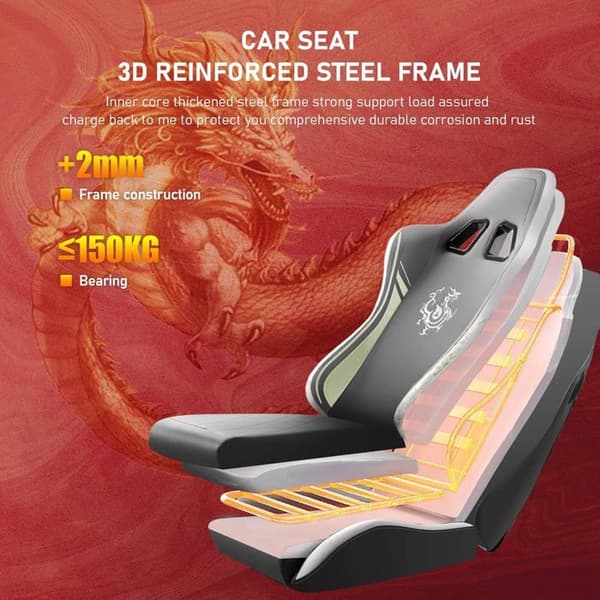 Gamingstol - GTPLAYER - Dragon Series - Grå broderad läder - Bluetooth-högtalare - Fällbart fotstöd