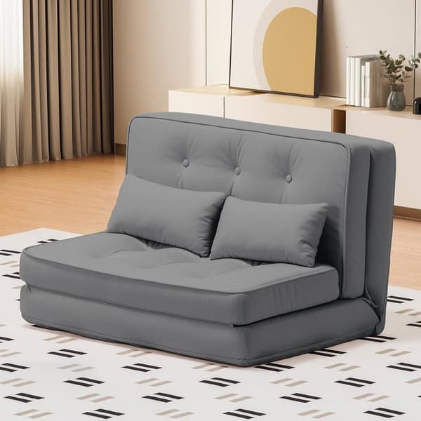 Soffa Convertible 2 Platser, Fåtölj med Bekväma Kuddar, Fällbar Sängsoffa, Grå