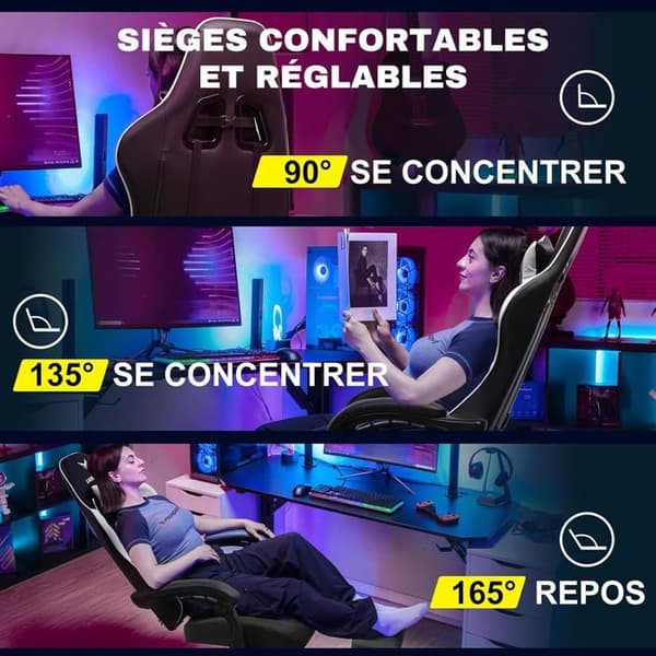 Gamingstol - Standardmodell - Teleskopfotstöd - Justerbart ryggstöd 139° - Vit läder
