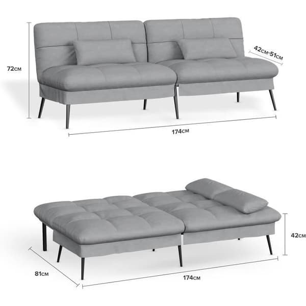 Konvertibel Plyschsoffa, 3-sitssoffa, Metallben 174 * 55 * 72cm, Grå