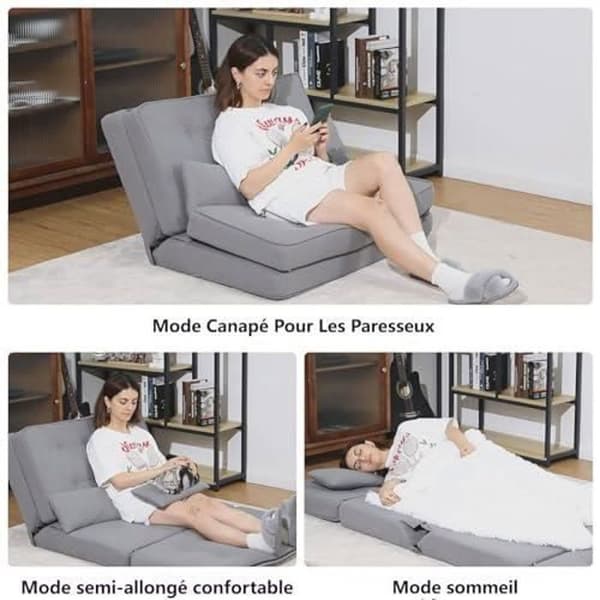 Soffa Convertible 2 Platser, Fåtölj med Bekväma Kuddar, Fällbar Sängsoffa, Grå