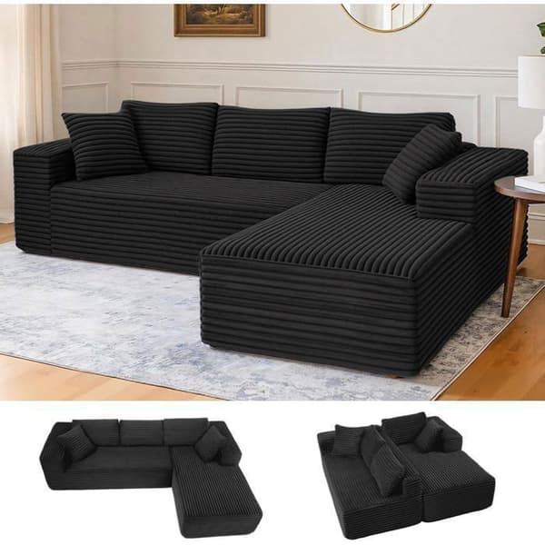 Vinkelsoffa L Reversibel 4 platser, Modulerbar sängsoffa, Ingen montering, i ribbad sammet, Svart