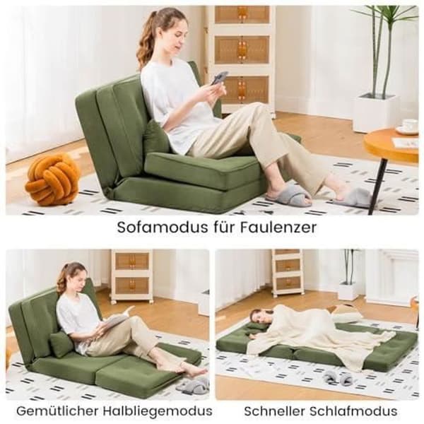 Soffa Konvertibel 2 Platser, Fåtölj med Bekväma Kuddar, Fällbar Sängsoffa, Grön