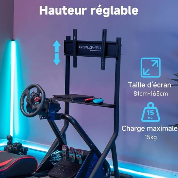 Skärmstöd - GTPLAYER - för simcockpit - 32–65" - Justerbar höjd - Hjul