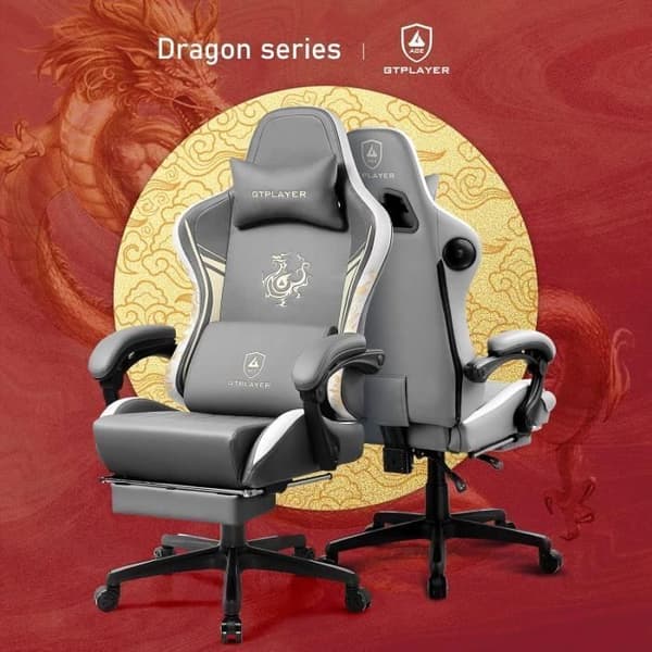 Gamingstol - GTPLAYER - Dragon Series - Grå broderad läder - Bluetooth-högtalare - Fällbart fotstöd