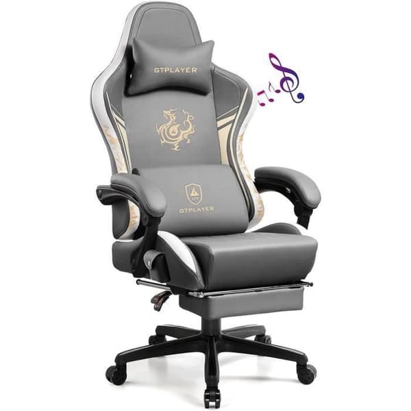 Gamingstol - GTPLAYER - Dragon Series - Grå broderad läder - Bluetooth-högtalare - Fällbart fotstöd