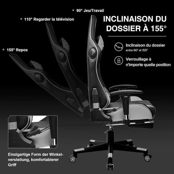 Gamingstol - GTPLAYER - Musik - Bluetooth-högtalare - Ergonomisk design - Justerbart grått PU-läder