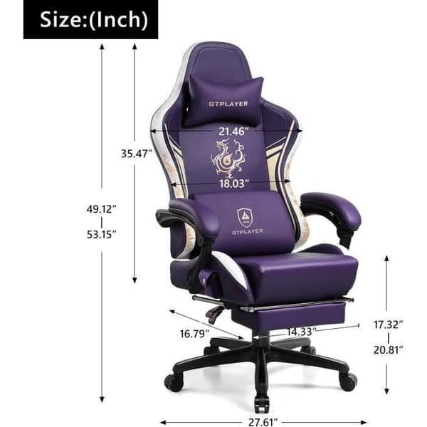 Gamingstol - GTPLAYER - Dragon Series - Broderad lila läder - Bluetooth-högtalare - Fällbart fotstöd