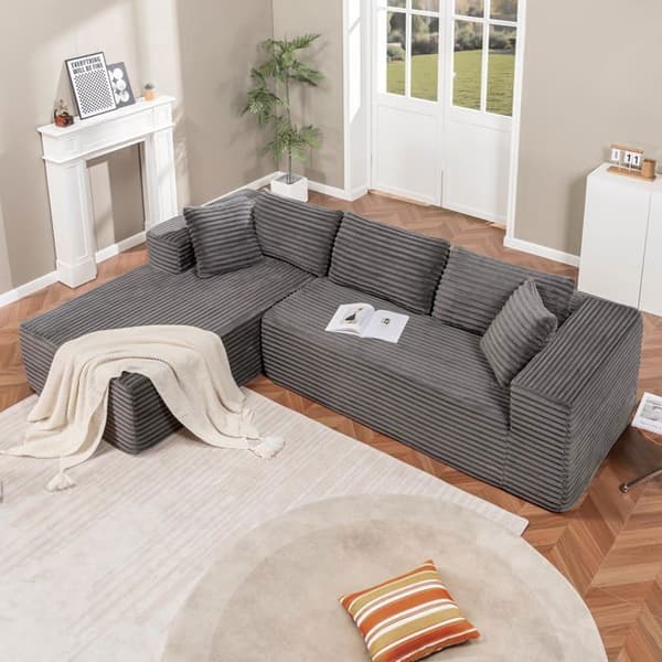 Vinkelsoffa L Reversibel 4 platser, modulär bäddsoffa, utan montering, i ribbad sammet, Grå