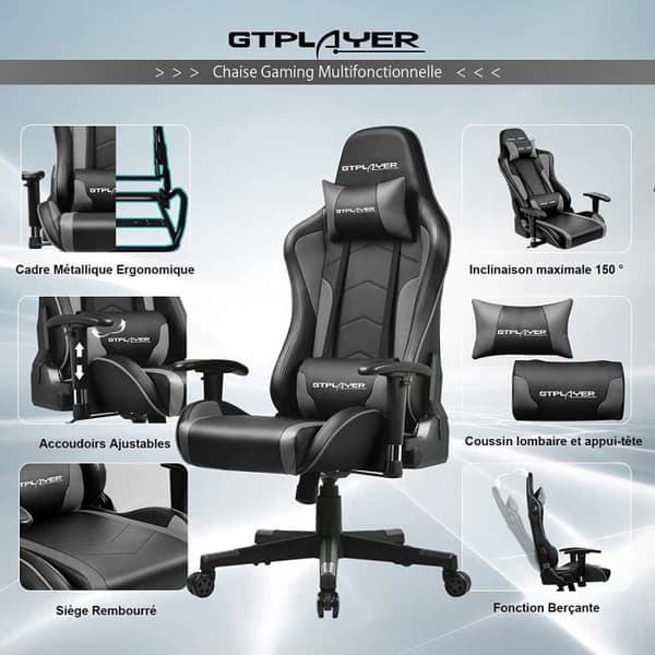 Gamingstol - GTPLAYER - Musik - Bluetooth-högtalare - Ergonomisk design - Justerbart grått PU-läder