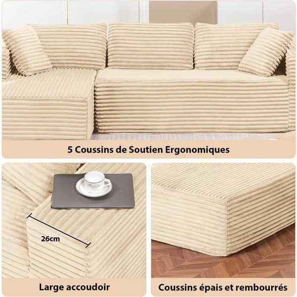 Vinkelsoffa L Reversibel 4 platser, modulär bäddsoffa, utan montering, i ribbad sammet, Beige