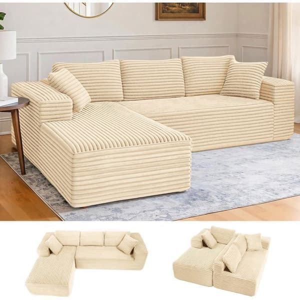Vinkelsoffa L Reversibel 4 platser, modulär bäddsoffa, utan montering, i ribbad sammet, Beige