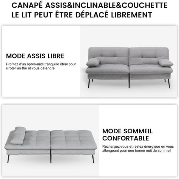 Konvertibel Plyschsoffa, 3-sitssoffa, Metallben 174 * 55 * 72cm, Grå