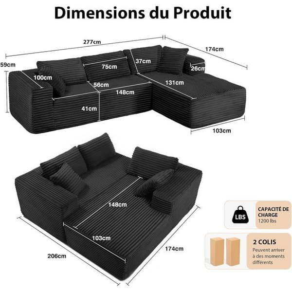 Vinkelsoffa L Reversibel 4 platser, Modulerbar sängsoffa, Ingen montering, i ribbad sammet, Svart