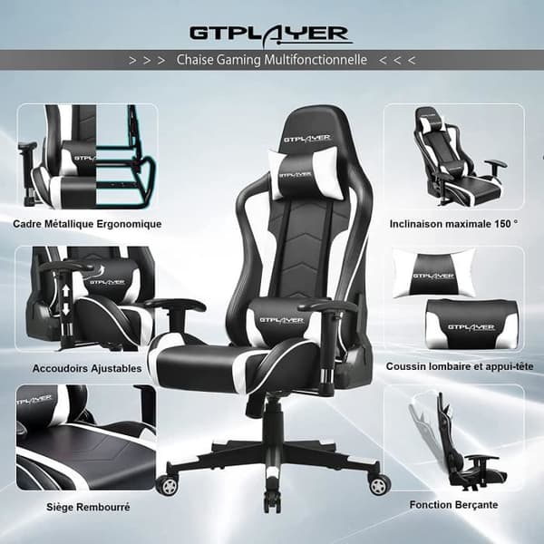Gamingstol - GTPLAYER - Bluetooth-högtalare - Ergonomisk design - Justerbara armstöd