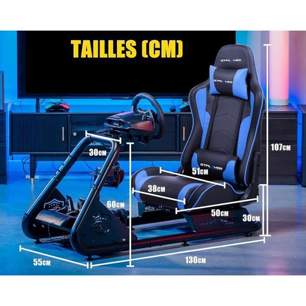 Körsimulator - GTPLAYER - Universell - Justerbart rattstöd - Säte med 3D-högtalare - Blå