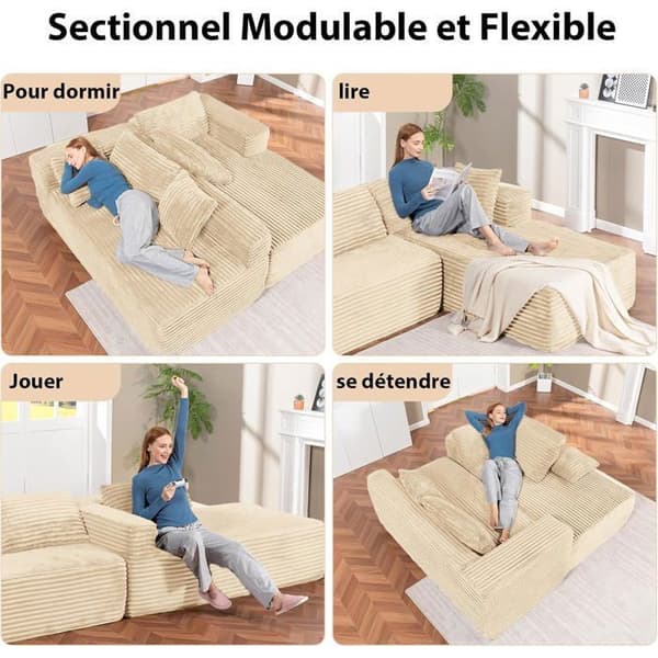 Vinkelsoffa L Reversibel 4 platser, modulär bäddsoffa, utan montering, i ribbad sammet, Beige