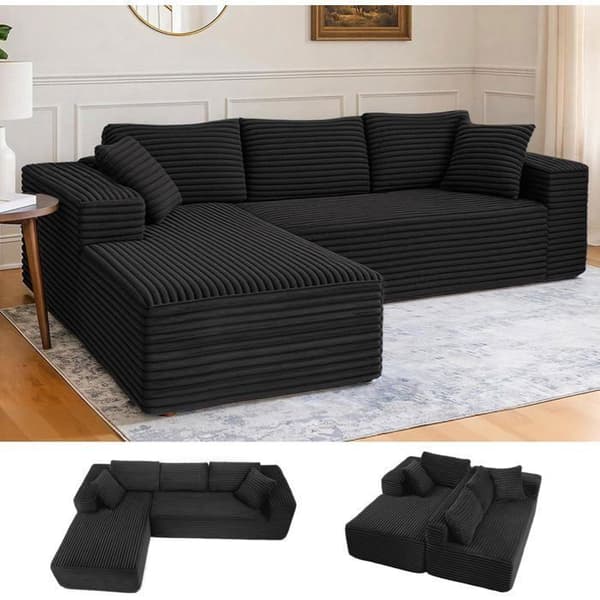 Vinkelsoffa L Reversibel 4 platser, Modulerbar sängsoffa, Ingen montering, i ribbad sammet, Svart