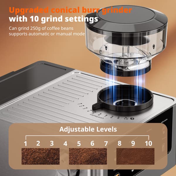 AIRMSEN Espressomaskin - Kaffekvarn - 20 bar tryck - Med kvarnfunktion - Utrustad med ångstav - Silver