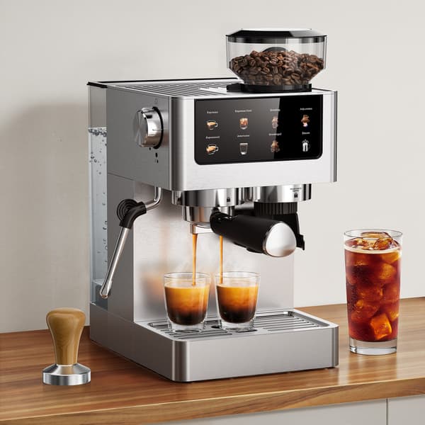 AIRMSEN Espressomaskin - Kaffekvarn - 20 bar tryck - Med kvarnfunktion - Utrustad med ångstav - Silver