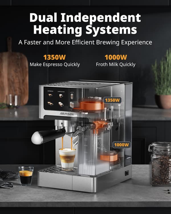 AIRMSEN BCM2308 Espresso Machine - 20 Bar - With Automatic Milk Frother - Piston Machine - Silver