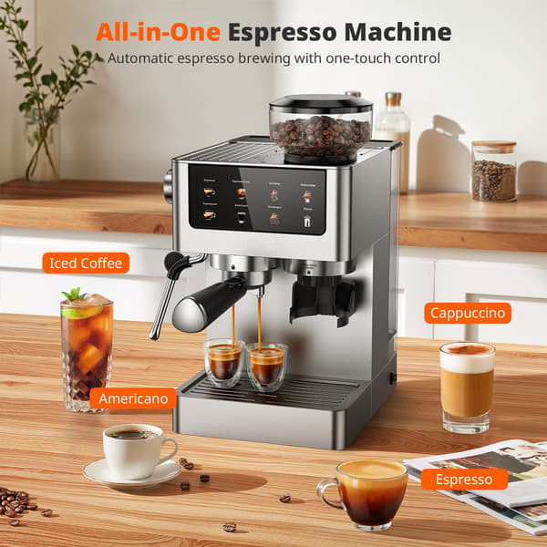 AIRMSEN Espressomaskin - Kaffekvarn - 20 bar tryck - Med kvarnfunktion - Utrustad med ångstav - Silver