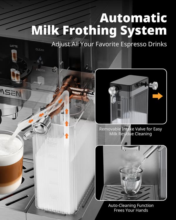 AIRMSEN BCM2308 Espresso Machine - 20 Bar - With Automatic Milk Frother - Piston Machine - Silver