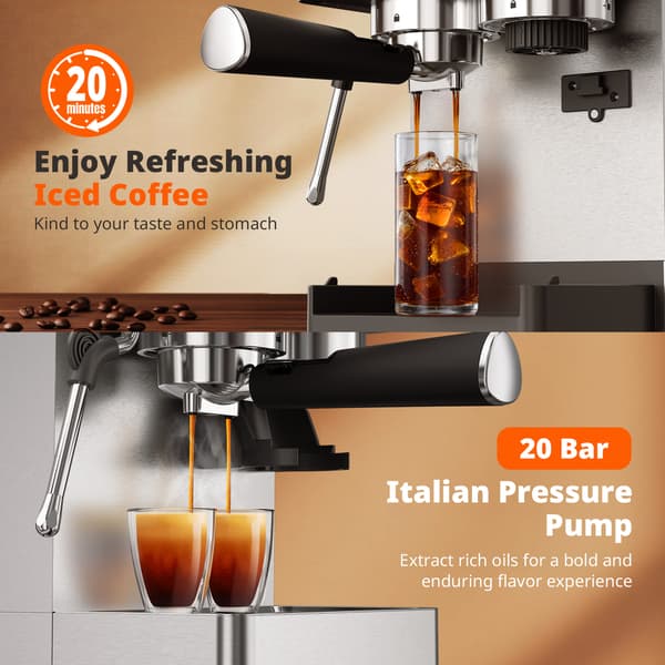 AIRMSEN Espressomaskin - Kaffekvarn - 20 bar tryck - Med kvarnfunktion - Utrustad med ångstav - Silver