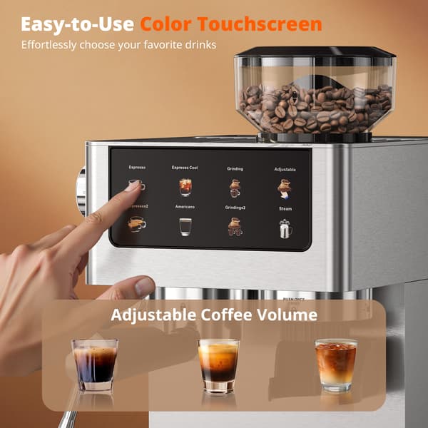 AIRMSEN Espressomaskin - Kaffekvarn - 20 bar tryck - Med kvarnfunktion - Utrustad med ångstav - Silver