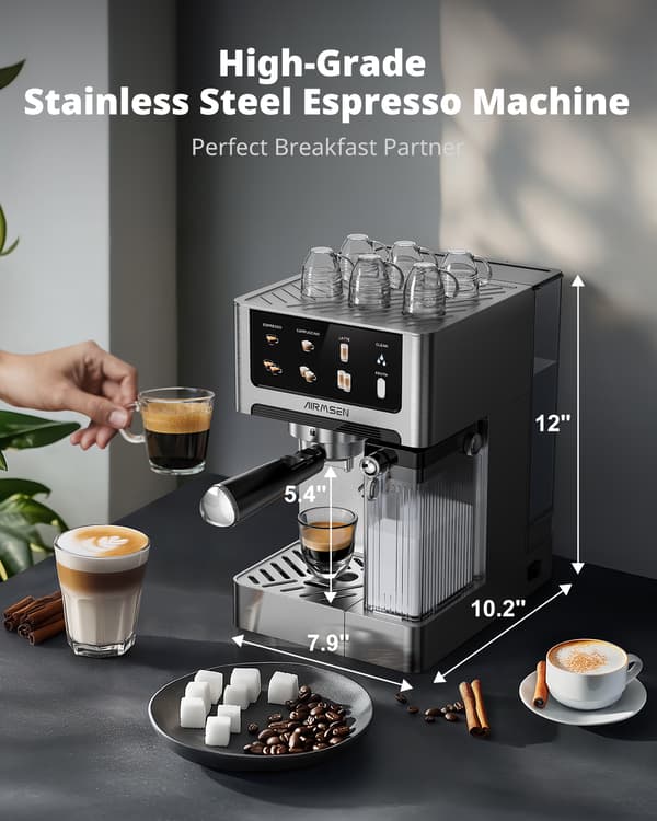 AIRMSEN BCM2308 Espresso Machine - 20 Bar - With Automatic Milk Frother - Piston Machine - Silver
