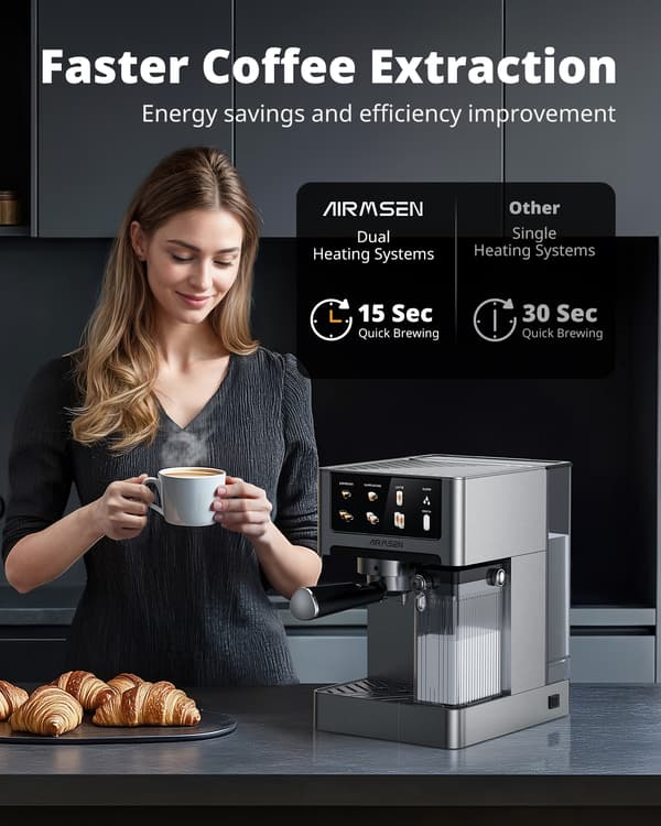 AIRMSEN BCM2308 Espresso Machine - 20 Bar - With Automatic Milk Frother - Piston Machine - Silver