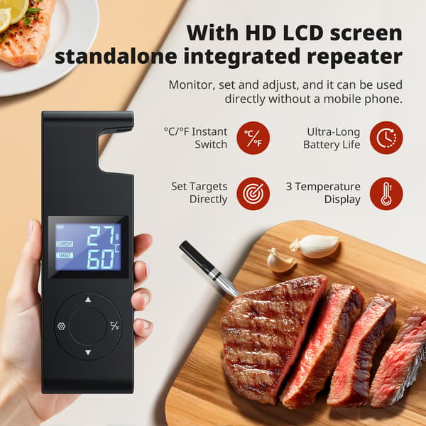 AIRMSEN Trådlös Bluetooth Grilltermometer - 1000mAh, Bluetooth 5.4, Smart App-kontroll, Lämplig för rökning och grillning
