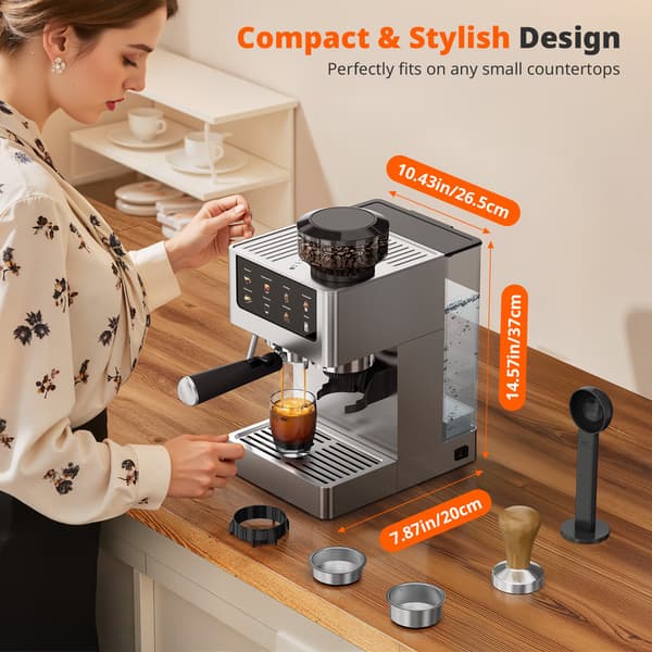 AIRMSEN Espressomaskin - Kaffekvarn - 20 bar tryck - Med kvarnfunktion - Utrustad med ångstav - Silver