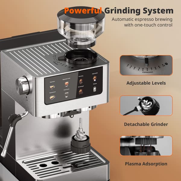 AIRMSEN Espressomaskin - Kaffekvarn - 20 bar tryck - Med kvarnfunktion - Utrustad med ångstav - Silver