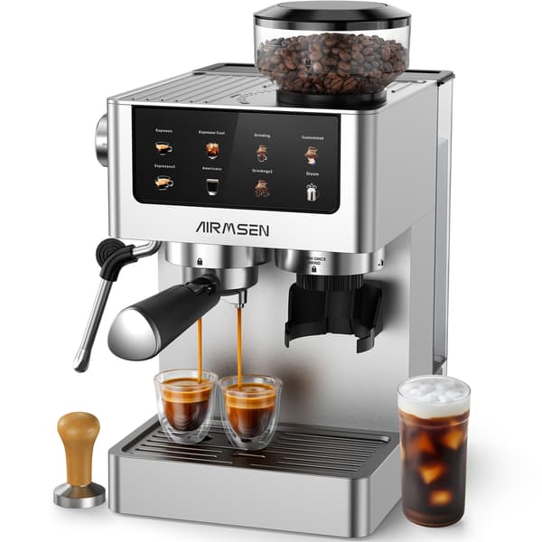 AIRMSEN Espressomaskin - Kaffekvarn - 20 bar tryck - Med kvarnfunktion - Utrustad med ångstav - Silver