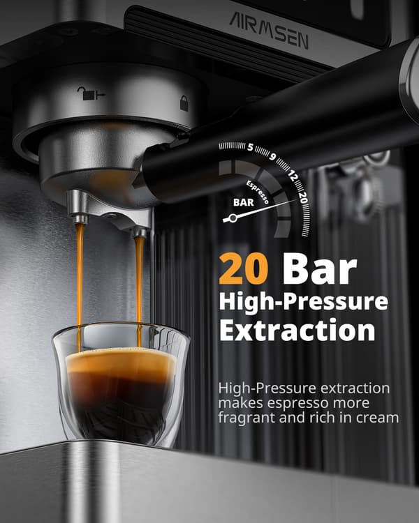 AIRMSEN BCM2308 Espresso Machine - 20 Bar - With Automatic Milk Frother - Piston Machine - Silver