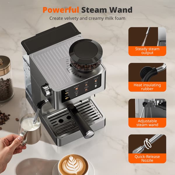 AIRMSEN Espressomaskin - Kaffekvarn - 20 bar tryck - Med kvarnfunktion - Utrustad med ångstav - Silver