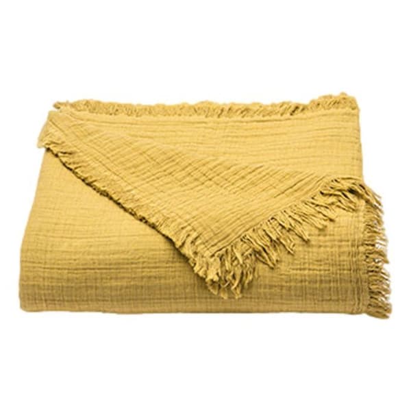 Fransad överkast "Brehat" Stonewashed bomull Guldull - 230x250 - Brehat Honung
