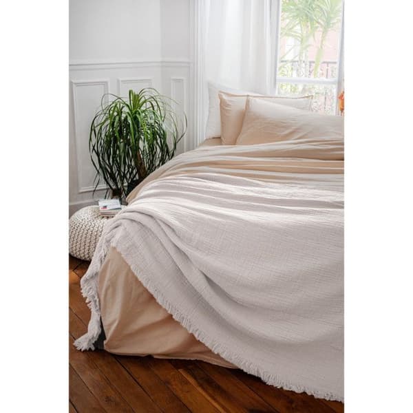 Fransad överkast "Brehat" Stonewashed bomull Guldpäls - 270x250 - Brehat Vit