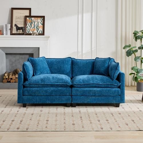 2-sits soffa i chenille med dubbla sittdynor för vardagsrum och sovrum blå modulsoffa fotpall ingår ej