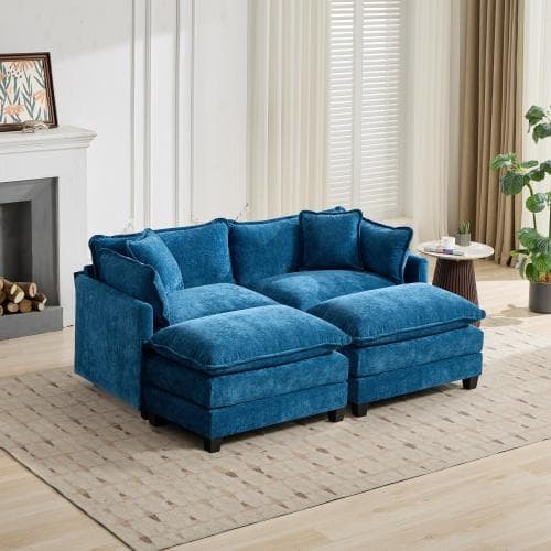 2-sits soffa i chenille med dubbla sittdynor för vardagsrum och sovrum blå modulsoffa fotpall ingår ej