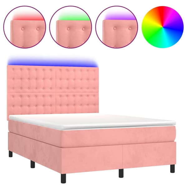 Ramsäng med madrass rosa & LED 140x200 cm sammet