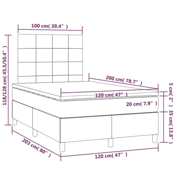 Ramsäng med madrass & LED ljusgrå 120x200 cm tyg