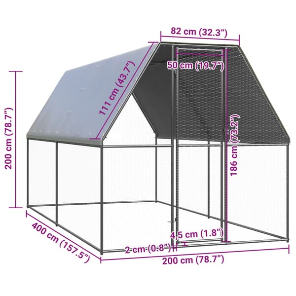 Hönsbur för utomhusbruk 2x4x2 m galvaniserat stål