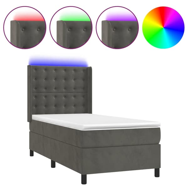 Ramsäng med madrass & LED mörkgrå 90x190 cm sammet