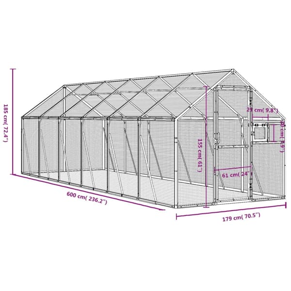 Fågelvoljär silver 1,79x6x1,85 m aluminium
