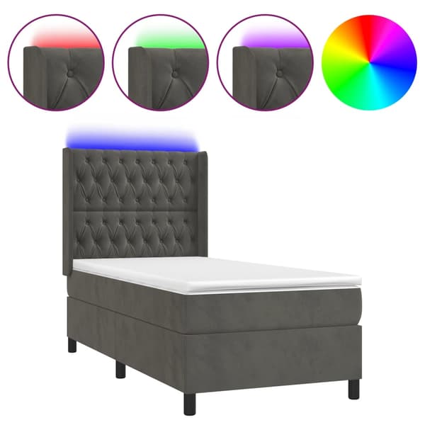 Ramsäng med madrass & LED mörkgrå 90x200 cm sammet