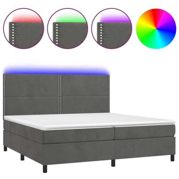 Ramsäng med madrass & LED mörkgrå 200x200 cm sammet