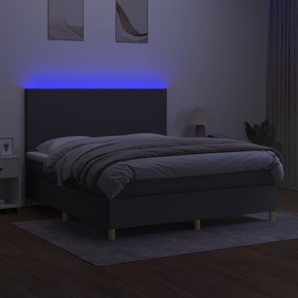 Ramsäng med madrass & LED mörkgrå 160x200 cm tyg