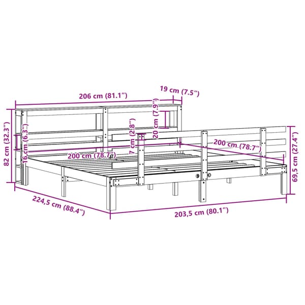 Sängram med huvudgavel utan madrass vit 200x200 cm